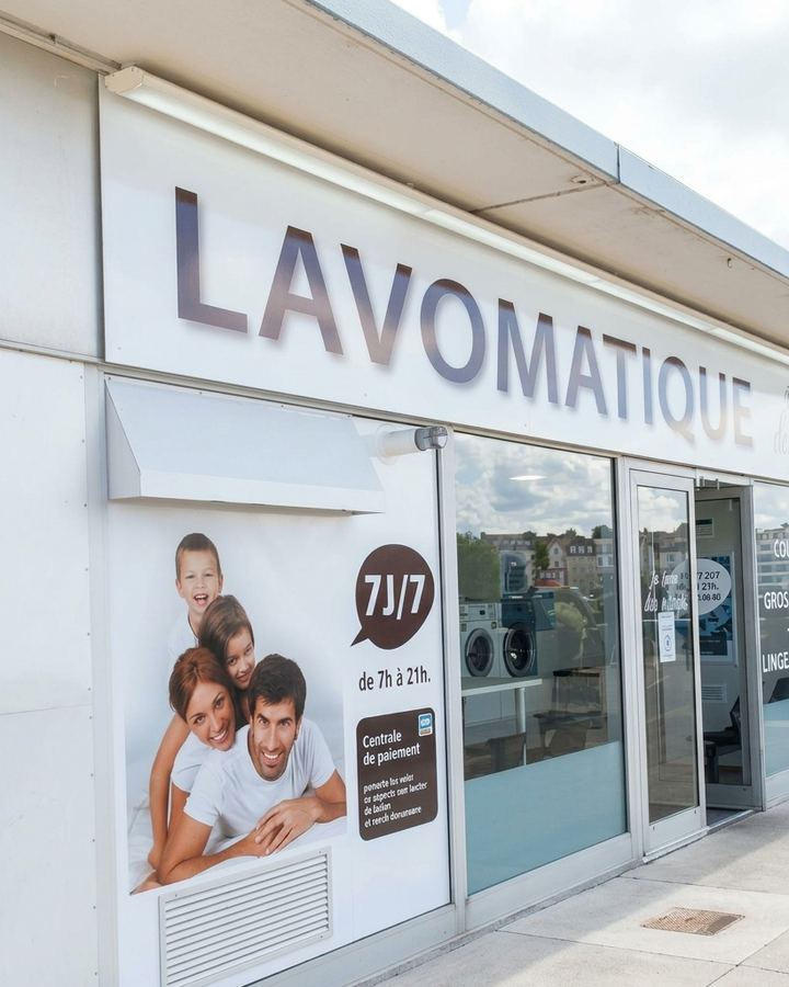 Façade de la laverie Lavomatique de Saint-Quay-Portrieux avec l'affiche 7j/7